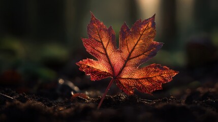 Wall Mural - Close-up of a vibrant autumn leaf with intricate details, illuminated by soft sunlight, resting on dark soil. Perfect for nature, seasonal, or environmental themes.