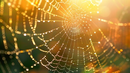 Morning Dew Drops Sparkle on Intricate Spiderweb Illuminated by Golden Sunrise Rays