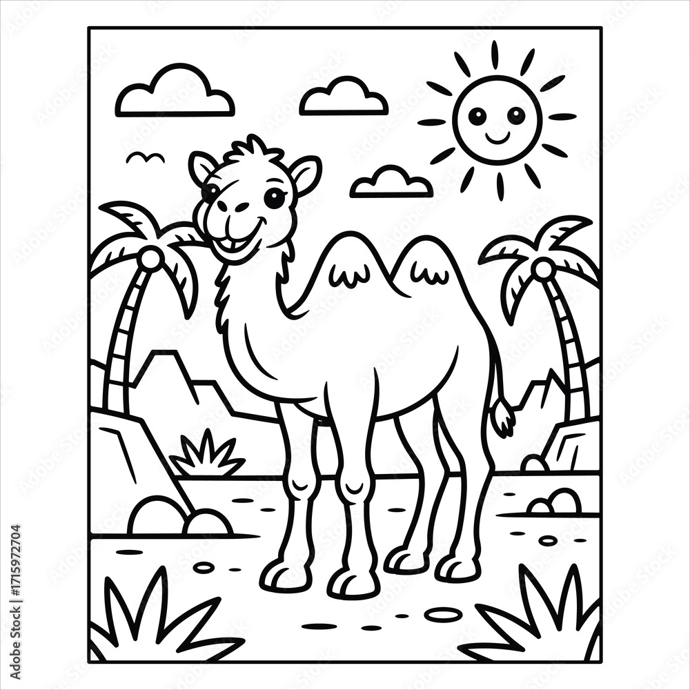 Camel Desert Coloring Page for Kids Stock Vector | Adobe Stock