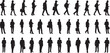 © MDKAYUM - Silhouette people walking, standing, using phone, office attire, male and female poses, casual business postures, vector illustration, city crowd