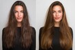 © Maria - young woman portrait with long brown hair before and after treatment left side frizzy and dry right side smooth and shiny concept of haircare beauty cosmetic wellness marketing