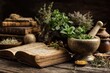 © Serhii - Natural Apothecary: Herbs, Books, and Mortar & Pestle for Alternative Medicinal Research