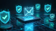 © Meme - Holographic Email Envelope Icon Protected by a Digital Shield on a Tech Background