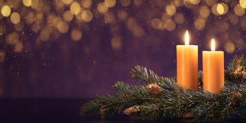 Wall Mural - A beautiful, bright, festive Christmas abstract purple background with lit candles and a bokeh effect. Shining and sparkling, vibrant. Horizontal banner, copy space
