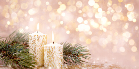Wall Mural - A beautiful, bright, festive Christmas abstract pink background with lit candles and a bokeh effect. Shining and sparkling, vibrant. Horizontal banner, copy space