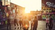 © QuiinL - A group of diverse friends playing basketball on an urban court with graffiti walls during a sunny evening.