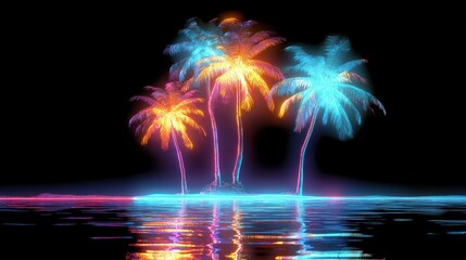 Wall Mural - Tropical Oasis: Neon-Illuminated Silhouettes of Palm Trees Against a Vibrant Abstract Backdrop