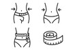 © Ciara - Weight loss icon set with slim waist and measuring tape. Body measurement for diet and fitness concept. Line icons for losing weight, flat belly, and body shaping vector.