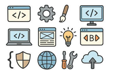 Web development icon set. UI UX design line art elements. Website and app development, coding, programming, software engineering concepts. Technology, security, cloud computing vectors.