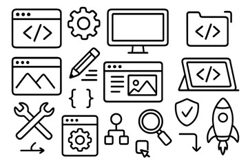 Web development icon set. Hand drawn doodle outline symbols for coding, programming, UI UX design, app creation, startup launch, security, and website optimization process.