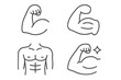 © MarioStudios - Muscles and torso line icon set. Bicep flex, strong arm, and chest abs outline vector. Editable stroke symbols for fitness, gym, workout, and bodybuilding power. Simple linear man body illustration.