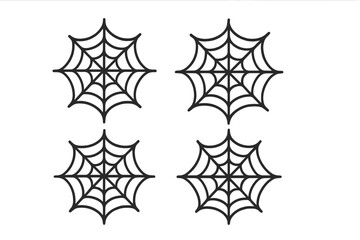 Spiderweb icon set. Cobweb symbol collection for halloween design. Spooky scary horror vector illustration. Simple black line art net trap isolated on transparent background.