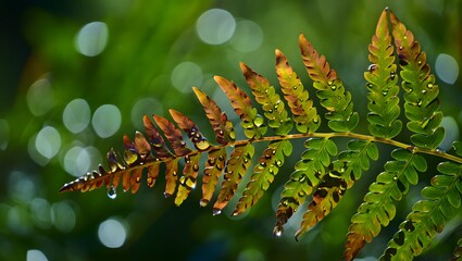 Fern frond with water droplets glistening in sunlight against a bokeh background