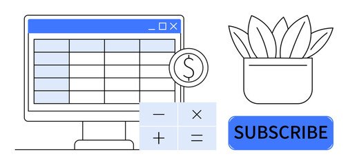 Computer screen displays spreadsheet, dollar coin emphasizes cost tracking, calculator represents calculations, subscription button and plant symbolize modern lifestyle. Ideal for finance, budgeting