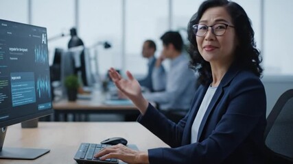 Happy, mature woman and programmer with smile, machine learning and coding with system in business. Coder, employee and person with upgrade for development, ai and programming for project in office