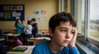 © Ali - Sad Boy Gazing Out Window in Classroom During Rainy Day, Isolation