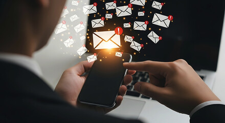 Businessman managing incoming email messages with smart phone and laptop in an office sending and receiving with digital technology