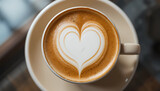 Overhead shot of a cappuccino with a heart shape in the foam, a symbol of love and affection