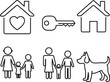 © Darda - Collection of simple line icons representing home and family life. Includes house, heart home, key, mother with children, parents with child, and a dog symbol. Perfect for real estate, housing, family