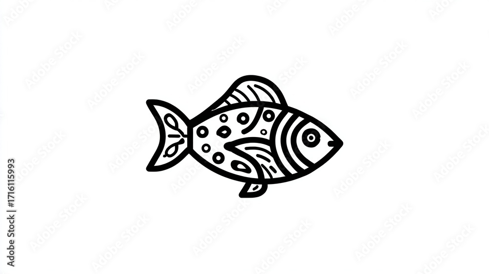 Ornate black line art fish illustration; stylized design with patterned ...
