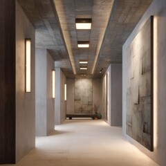  A modern concrete hallway with recessed lighting and an abstract wall art piece.