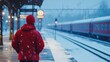 © Nolla - Man in red parka waits at snowy train station platform.