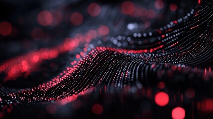 Abstract dark red and black wavy particle background.