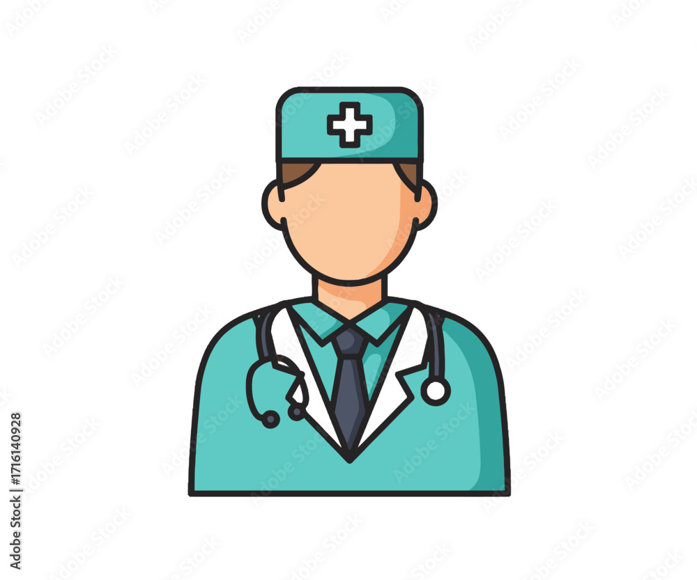 Illustration of a doctor wearing a teal uniform and a stethoscope around their neck.