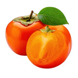persimmon fruits with leaf isolated on white or transparent.