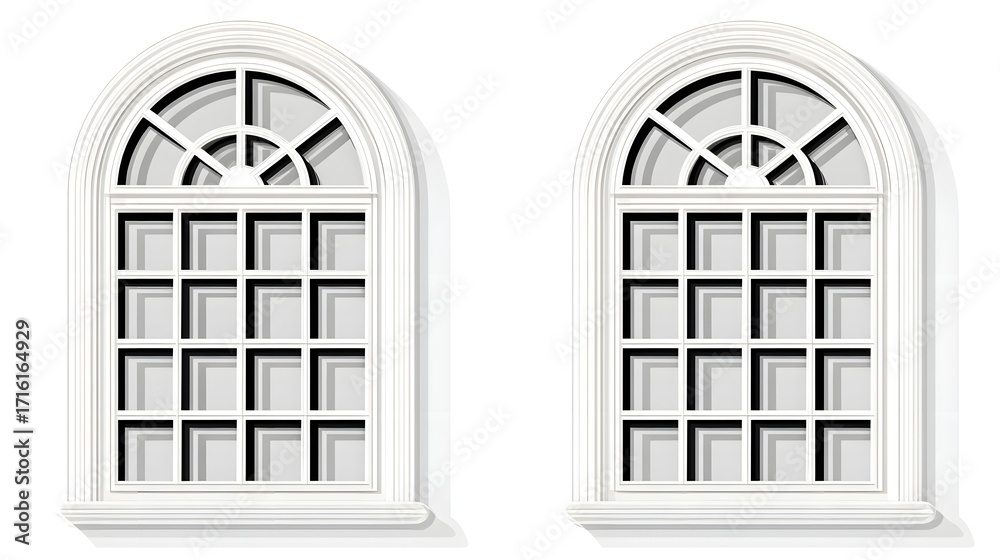 White arched windows with grid patterns and clear glass, set against a ...