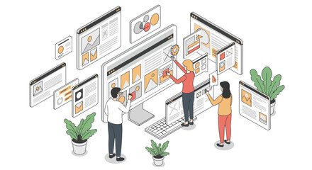 Collaborative teamwork in modern web design creation with digital tools vector illustration