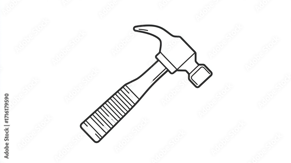 Simple black and white line drawing of a claw hammer. The hammer head ...