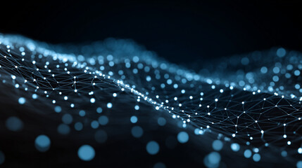 Abstract blue glowing network connection nodes and lines digital wave background