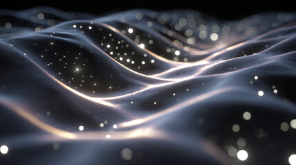 Dark wavy surface with glowing particles and light streaks a cosmic abstract background