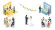 © Santiago - Isometric wedding reception with dining tables and guests in celebration