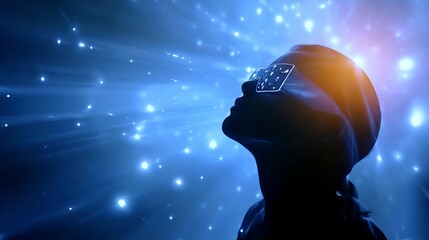 Wall Mural - Silhouette of a person wearing futuristic glasses, gazing upward at a starry, radiant blue sky.