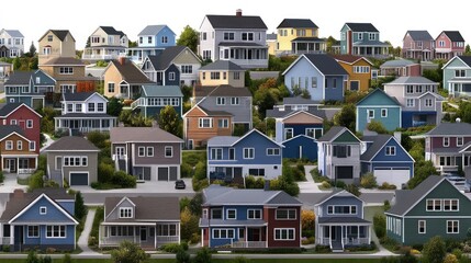 Numerous white houses form a striking pyramid shape, highlighting simplicity and minimalism, with soft shadows and a calm background enhancing the visual appeal
