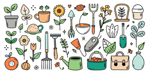 Naklejka na meble Gardening tools and plants illustration with vibrant colors and sketched details for hobbyists