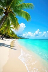 Wall Mural - vibrant summer scene featuring a sun-drenched beach, turquoise ocean waves, and a clear blue sky per