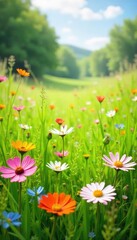 Wall Mural - Vibrant, sun-drenched meadow bursting with wildflowers and lush green grass, perfect for fresh and natural backgrounds , ecosystem, pastoral