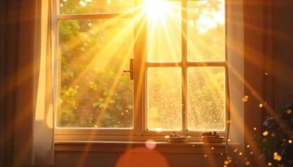 Wall Mural - warm sunlight streams through a bright windowpane, illuminating dust motes dancing in the golden ray