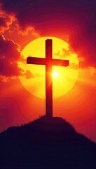 Wall Mural - a symbolic depiction of christian salvation; a cross silhouetted against a vibrant sunrise, represen