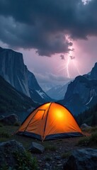 Wall Mural - a tent pitched under a dramatic, stormy sky; rain threatens, yet the scene evokes a sense of adventu