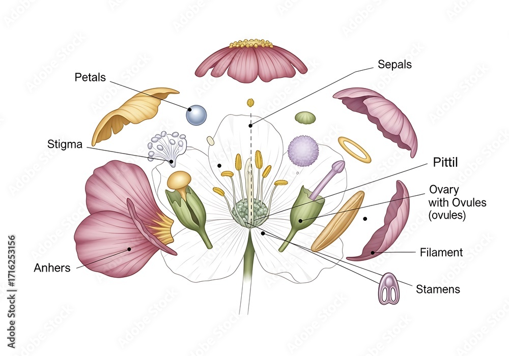 Detailed botanical illustration showcasing a flower's intricate anatomy ...
