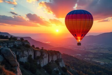 Wall Mural - a vibrant hot air balloon floats serenely against a breathtaking sunset, casting a warm glow on the 