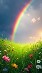 Wall Mural - a vibrant rainbow arcing over a lush green meadow, sunlight illuminating wildflowers and dew-kissed 
