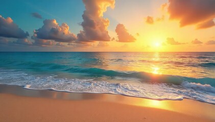Wall Mural - stunning panoramic view of a pristine beach at sunset, golden sand meets turquoise ocean, tranquil w