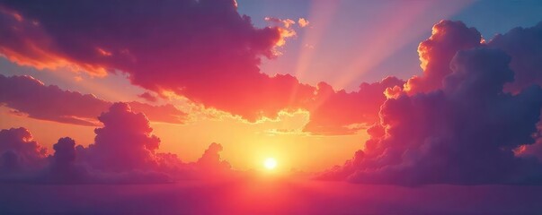 Wall Mural - stunning vibrant sunset paints the sky with fiery oranges, pinks, and purples, fluffy clouds catchin