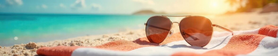 Wall Mural - stylish sunglasses resting on a beach towel, offering shade from the bright sun perfect for summer v