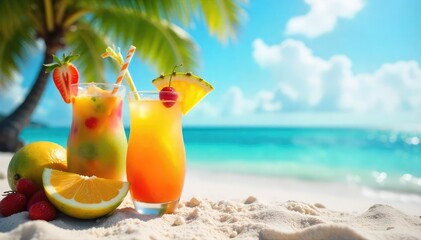 Wall Mural - sun-drenched beach scene with vibrant cocktails, tropical fruits, and refreshing drinks in the foreg